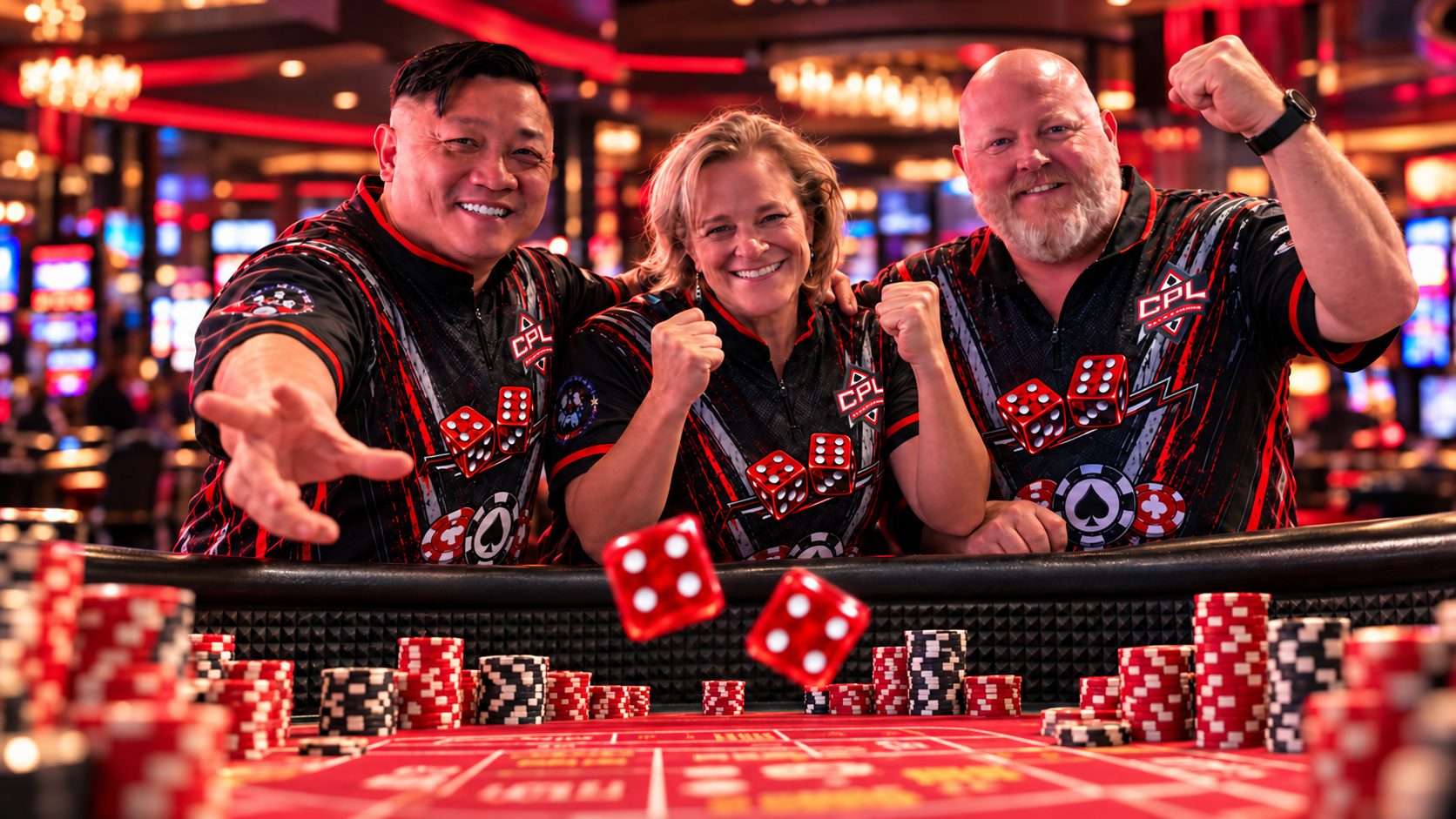 Super 8, Miss Behaving, and Master Crapper celebrating at the craps table
